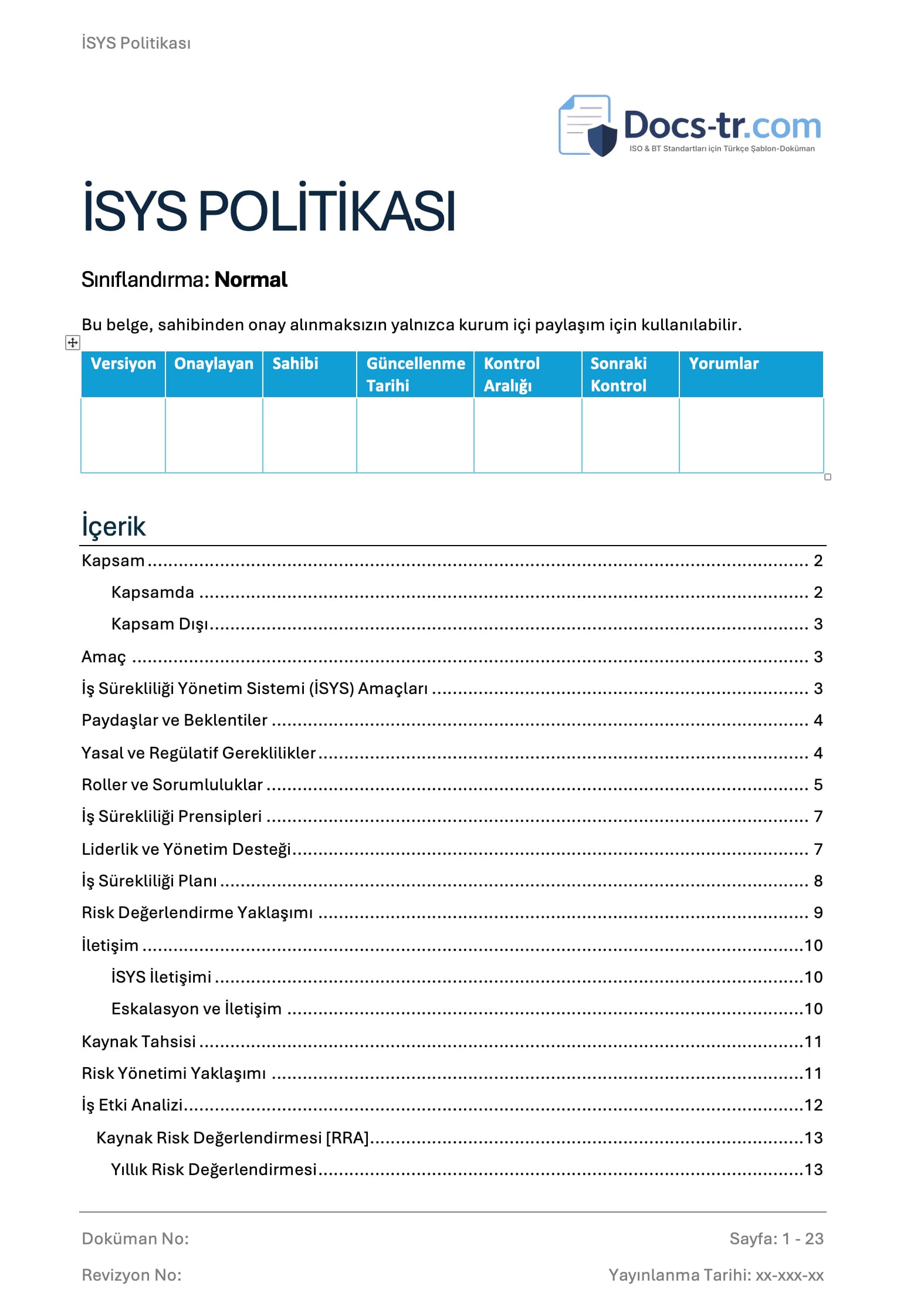 ISO 22301 - İSYS Politikası - Türkçe