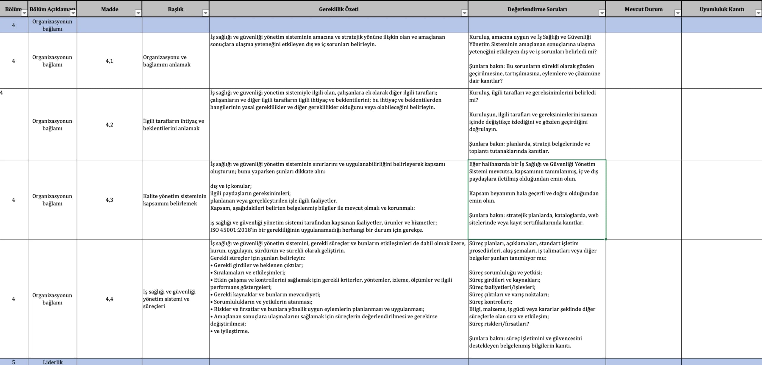 ISO 45001 - İç Denetim Soru Listesi Excel - Türkçe